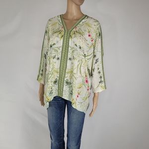 BOHO CHIC Rose & Olive Green, Cream Blouse. Large.